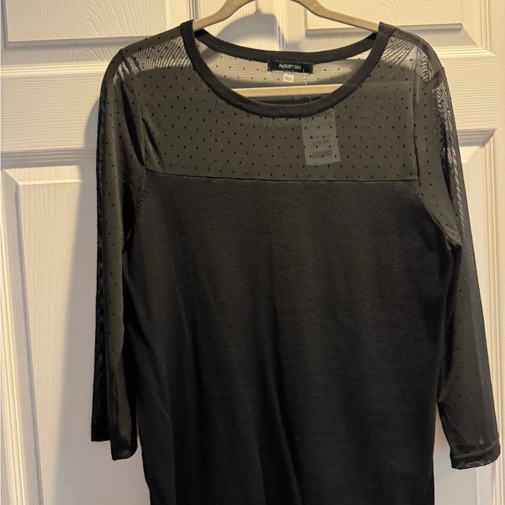 August Silk Black Blouse With Sheer Polka Dot Sleeves And Chest